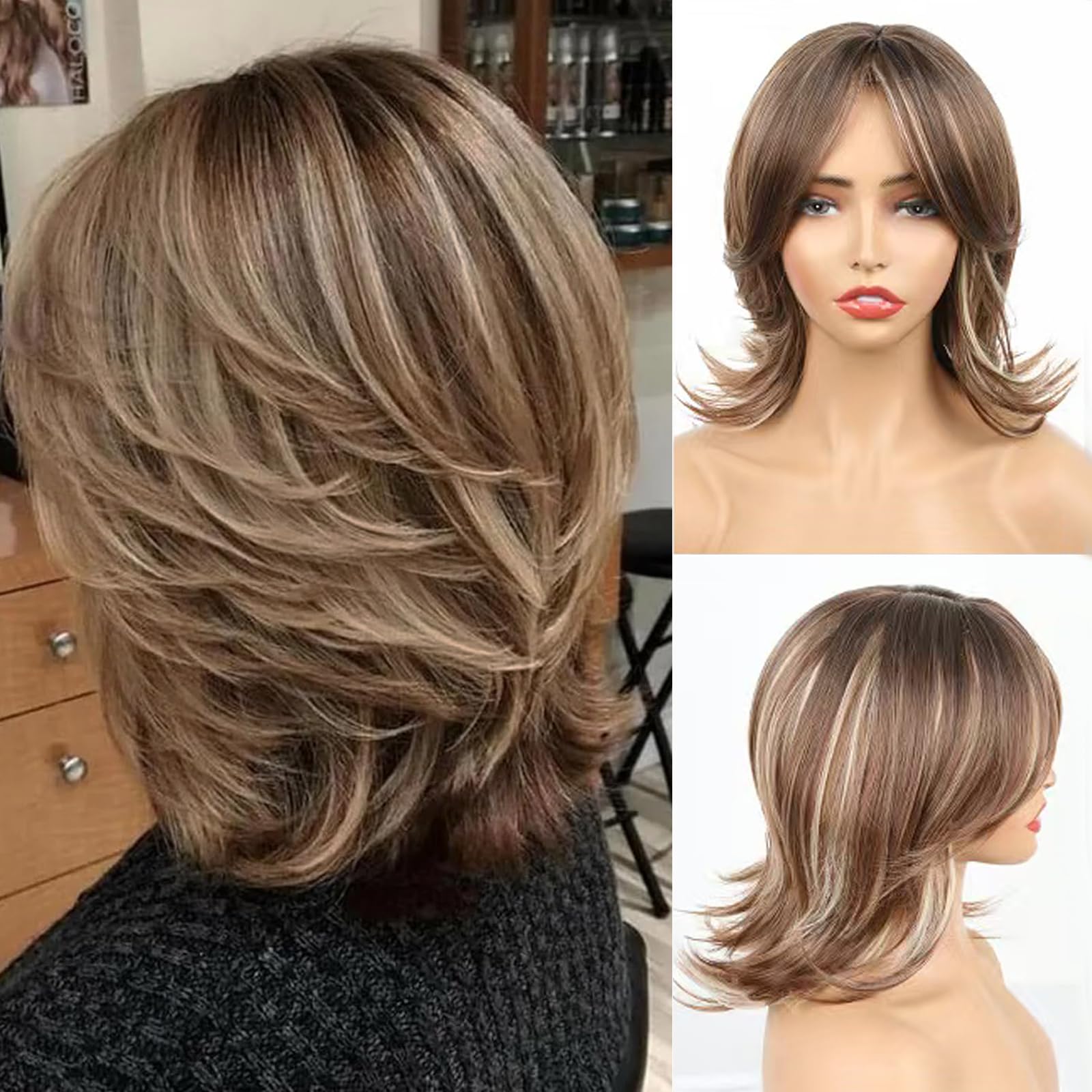 Jolelyne Highlight Ombre Blonde mix Light Brown Bob Layered Wigs with Curtain Bangs for White Women,Synthetic Short Straight Ombre Blonde with Dark Roots Shaggy Wig Brown Wig for Black Women