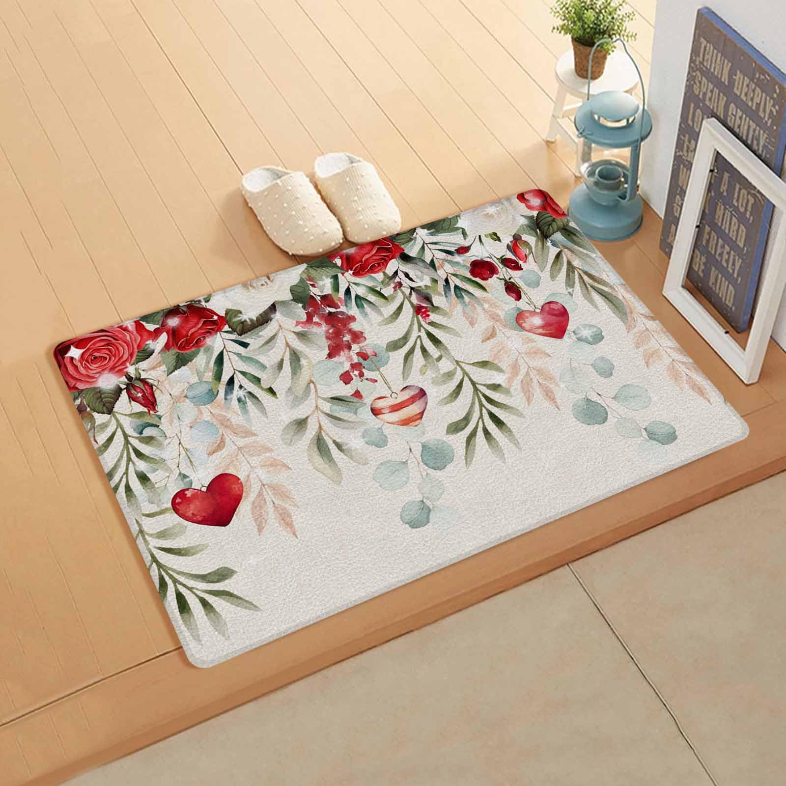Valentine's Rose Kitchen Bath Door Mat Cushioned Runner Rug,Washable Welcome Floor Sink Antifatigue Mat,Waterproof & Non-Slip Comfort Standing Doormat,Vintage Botanical Eucalyptus Herb 20