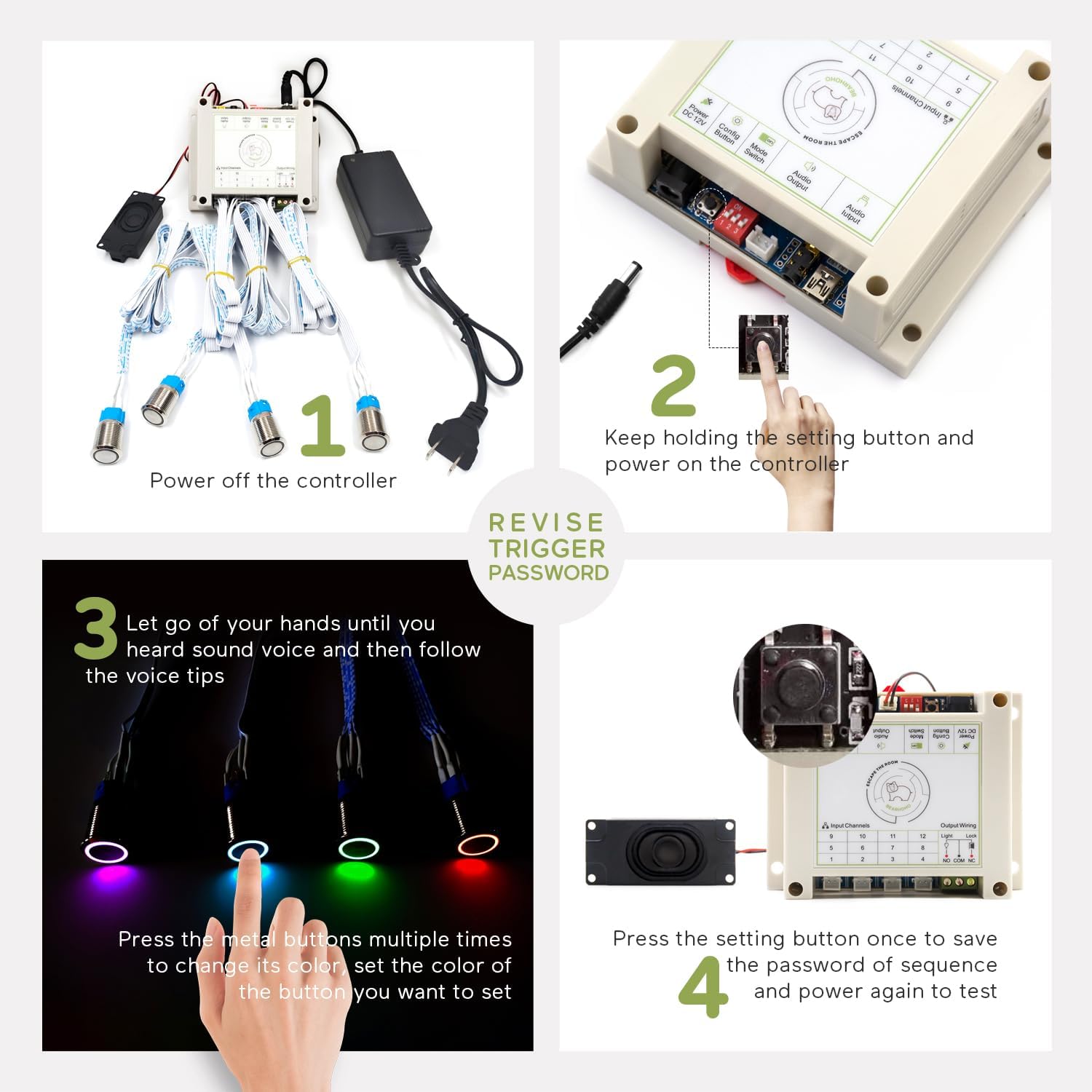 Four-step visual guide for revising the trigger password (color settings). Steps include powering off, holding the setting button while powering on, pressing buttons to set colors, and pressing the setting button again to save.