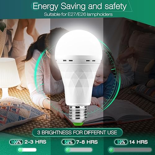 Miniatura 4 de Bombilla de Luz Recargable de Emergencia con Gancho, Se Mantiene Encendida Cuando Falla la Energía, 1500mAh 12W Equivalente a 60W Bombillas LED para