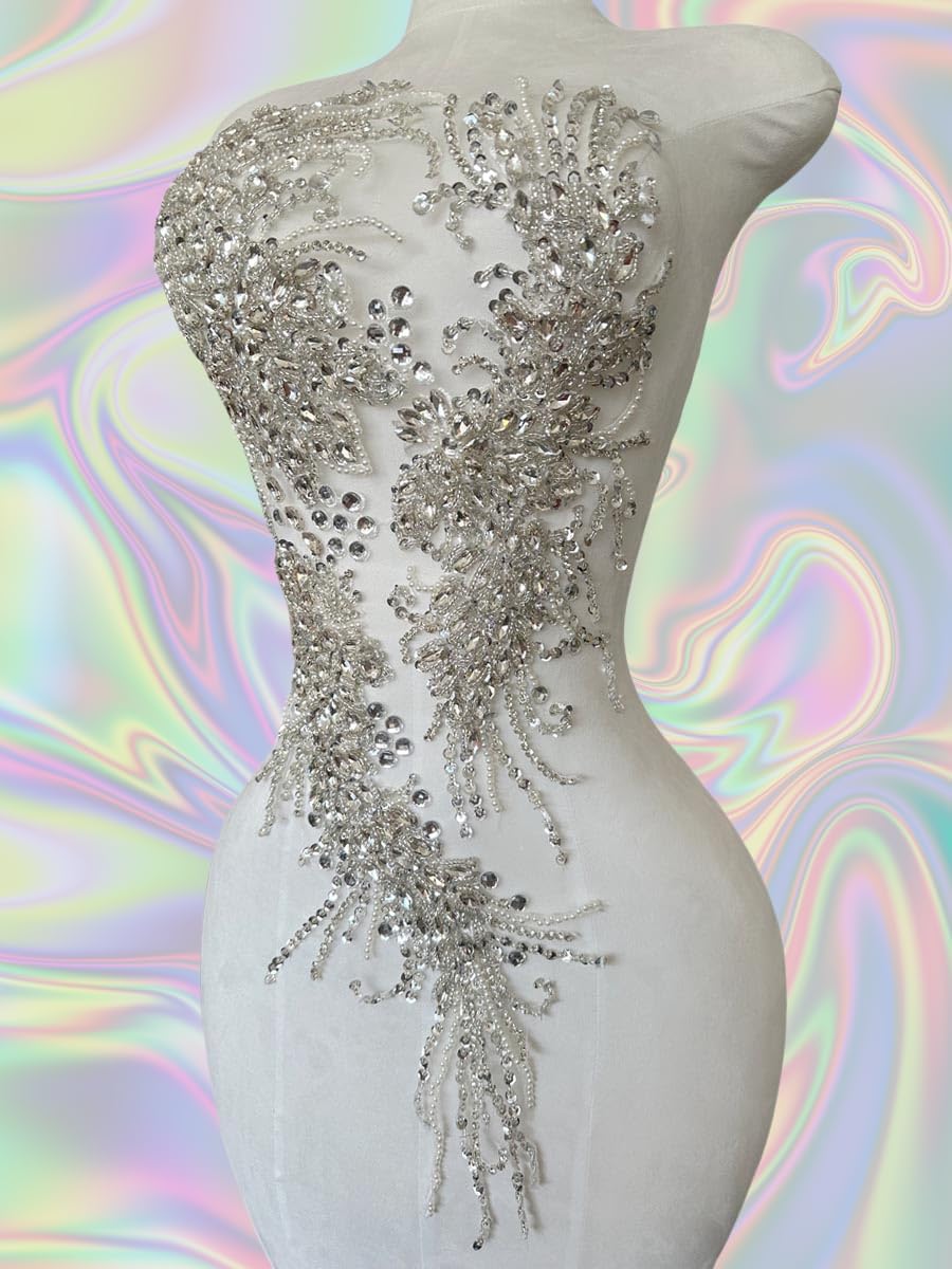 Large Handmade Beaded Crystal Patches with Rhinestone Applique Designs for Prom Formal Dress 1PCS/Bag (Silver)