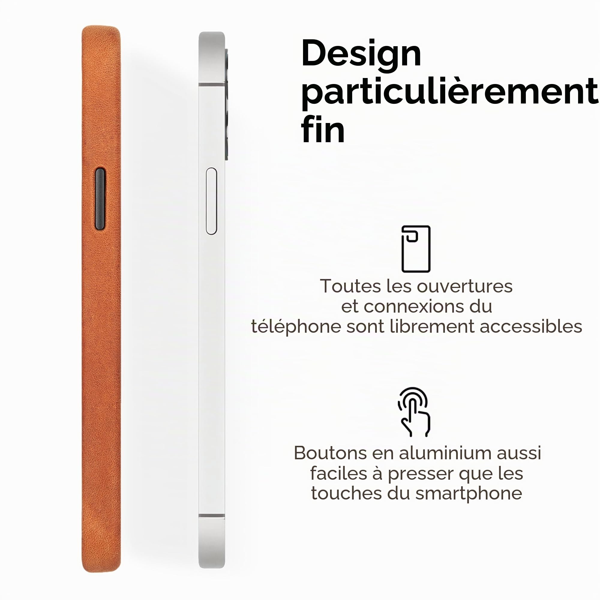 WIIUKA Étui de protection en cuir pour iPhone 15, fabriqué en Allemagne, étui en cuir extra fin, étui de protection haut de gamme, coque Qi, marron cognac vintage