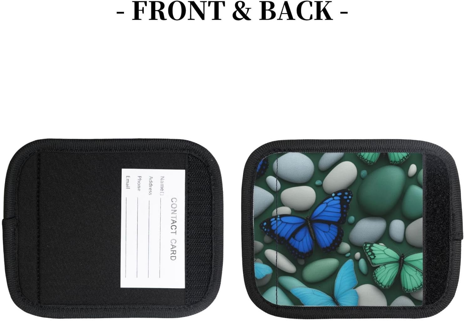 Blue Butterfly Green Butterfly and Stone Print Luggage Handle Wraps Luggage Identifiers Soft Neoprene Luggage Handle Wraps for Suitcase Trolley Handle Grip Cover 2 Pack Luggage Tags