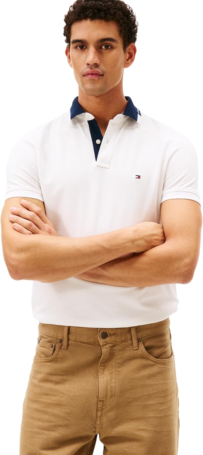 Tommy Hilfiger Mens Short Sleeve Casual Dri Fit Polo Shirts in Regular Fit with Stretch and Graphic Collar Detail