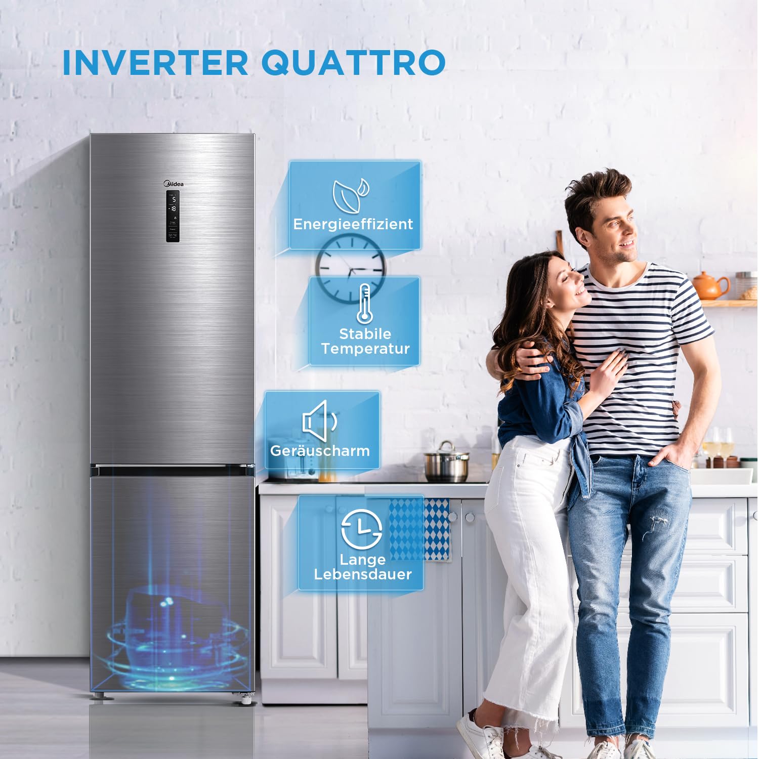Midea 378L Kühlschrank mit Gefrierfach,201cm,29dB,EEK A,NoFrost,DualCooling | Inverter Kompressor, Metal Cooling, 256L Kühlteil+122L Gefrierteil, 113 kWh/Jahr, Frischezone,180° flip shelf