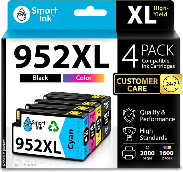 Smart Ink Compatible Ink Cartridge Replacement for HP 952 952XL (4 Combo Pack) Advanced Chip Technology to use with OfficeJet 8702 OfficeJet Pro 7720 7740 8210 8216 8710 8715 8720 8725 8728 8730 8745
