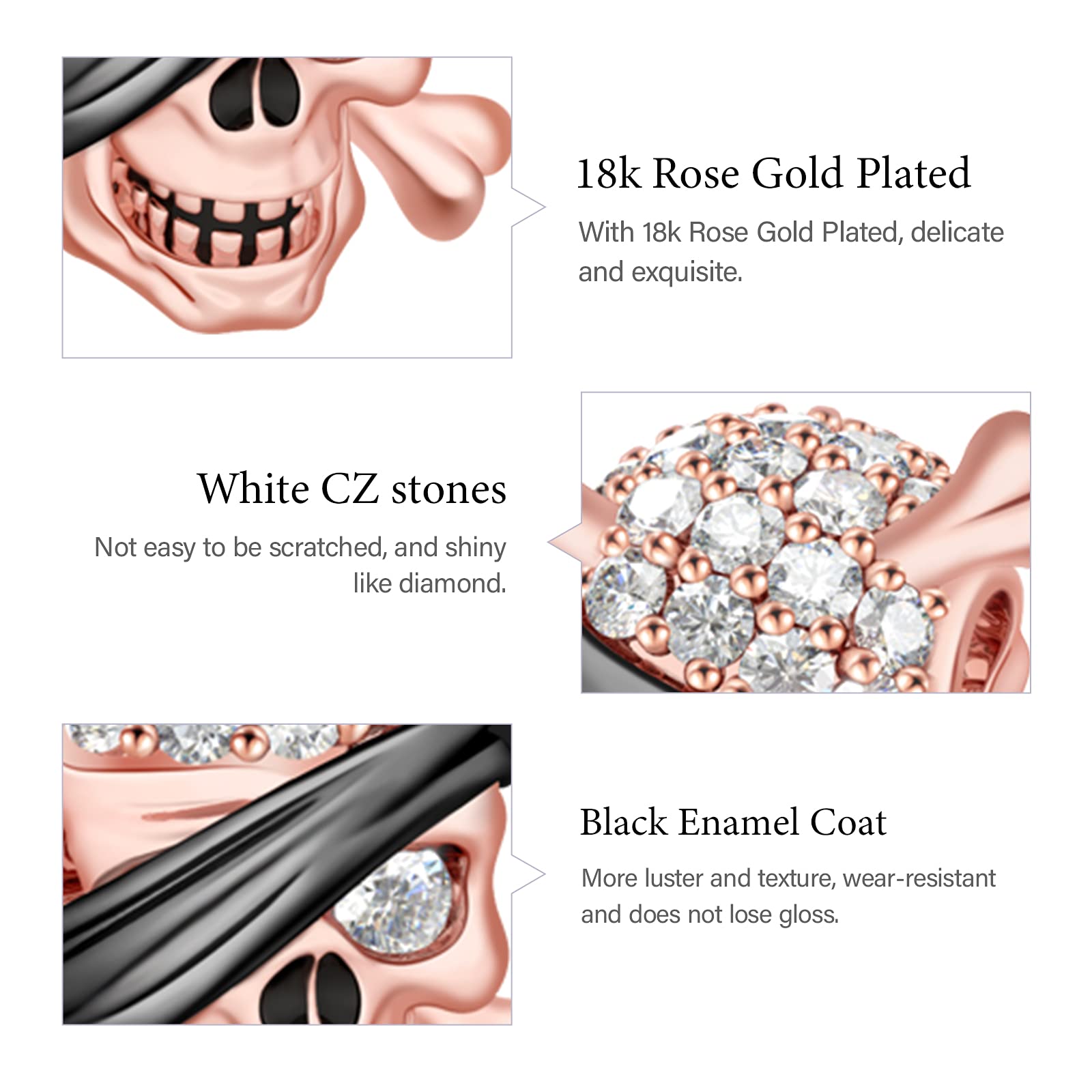 GNOCE Rose Gold Plated Pirate Skull Charm – 925 Sterling Silver Pendant For Bracelets & Necklaces