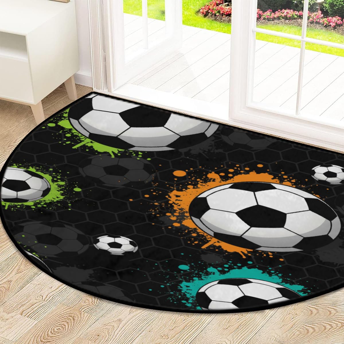 Große halbrunde Fußmatte, Fußball, Sport, rutschfest, saugfähig, halbrund, Eingangsbereich, niedlich, weich, halbrund, waschbar, Teppich für Küche, Badezimmer, Schlafzimmer, 160 x 100 cm