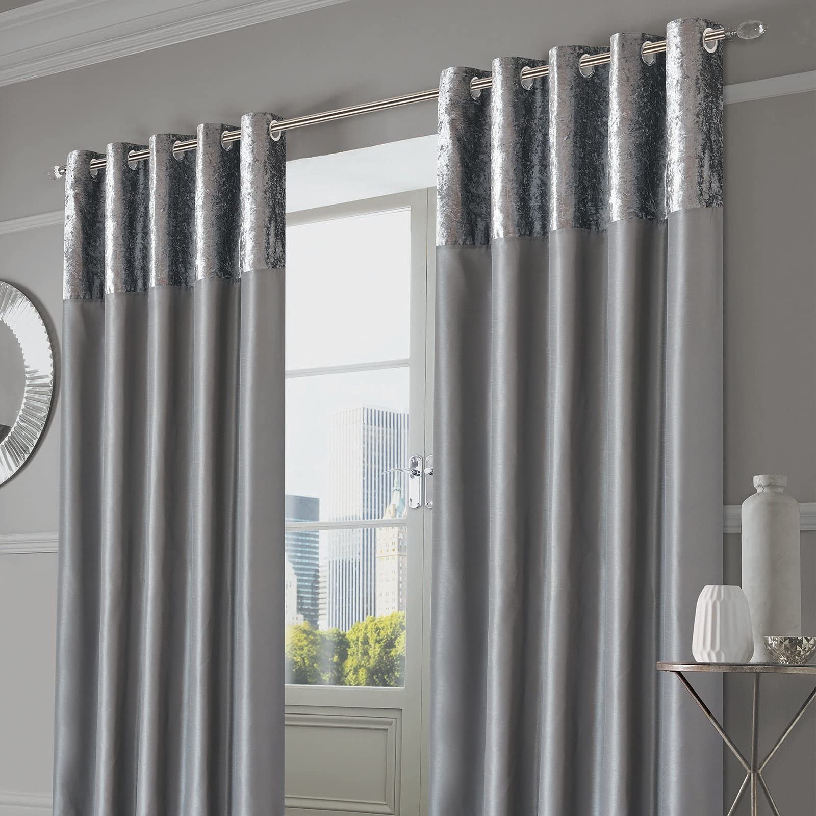 Sienna Paire de Rideaux en Velours écrasé entièrement doublés à œillets en Soie synthétique Gris argenté 117 x 229 cm (l x H)