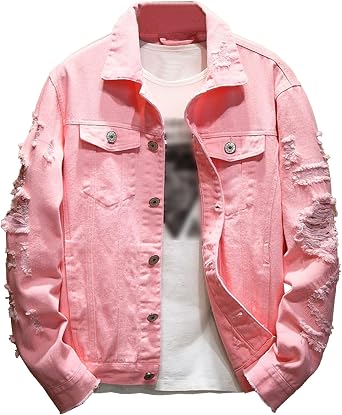JEKE-DG Mens Distressed Ripped Biker Jean Jacket Button Down Trucker Denim Jacket Casual Loose Fit Punk Jean Coat