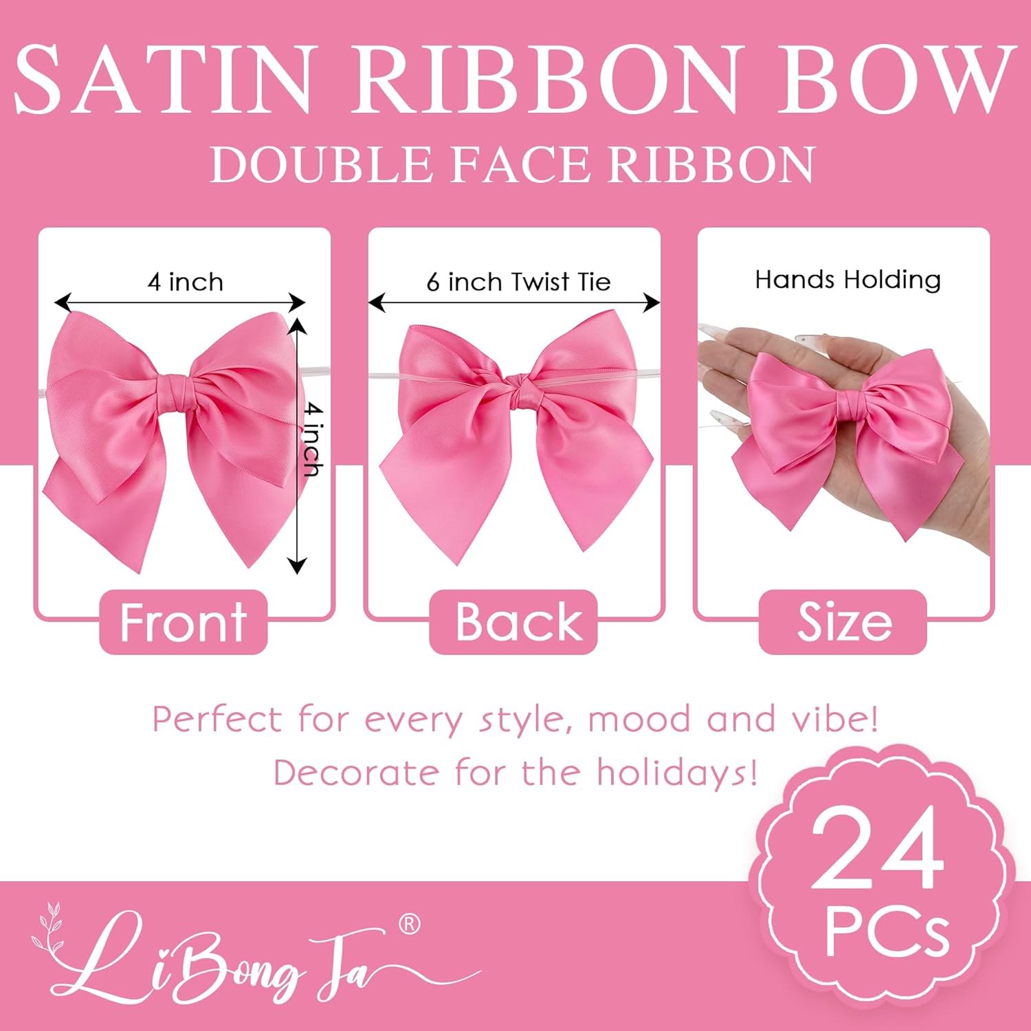 4 Inch Hot Pink Gift Bow Satin Ribbon Bows for Crafts, Pre-Tied Bows, Twist Tie Bow for Treat Bags, Premade Decorative Bow, Wrapping Bows for Presents, Wedding, Baby Shower-24 Counts - Image 2