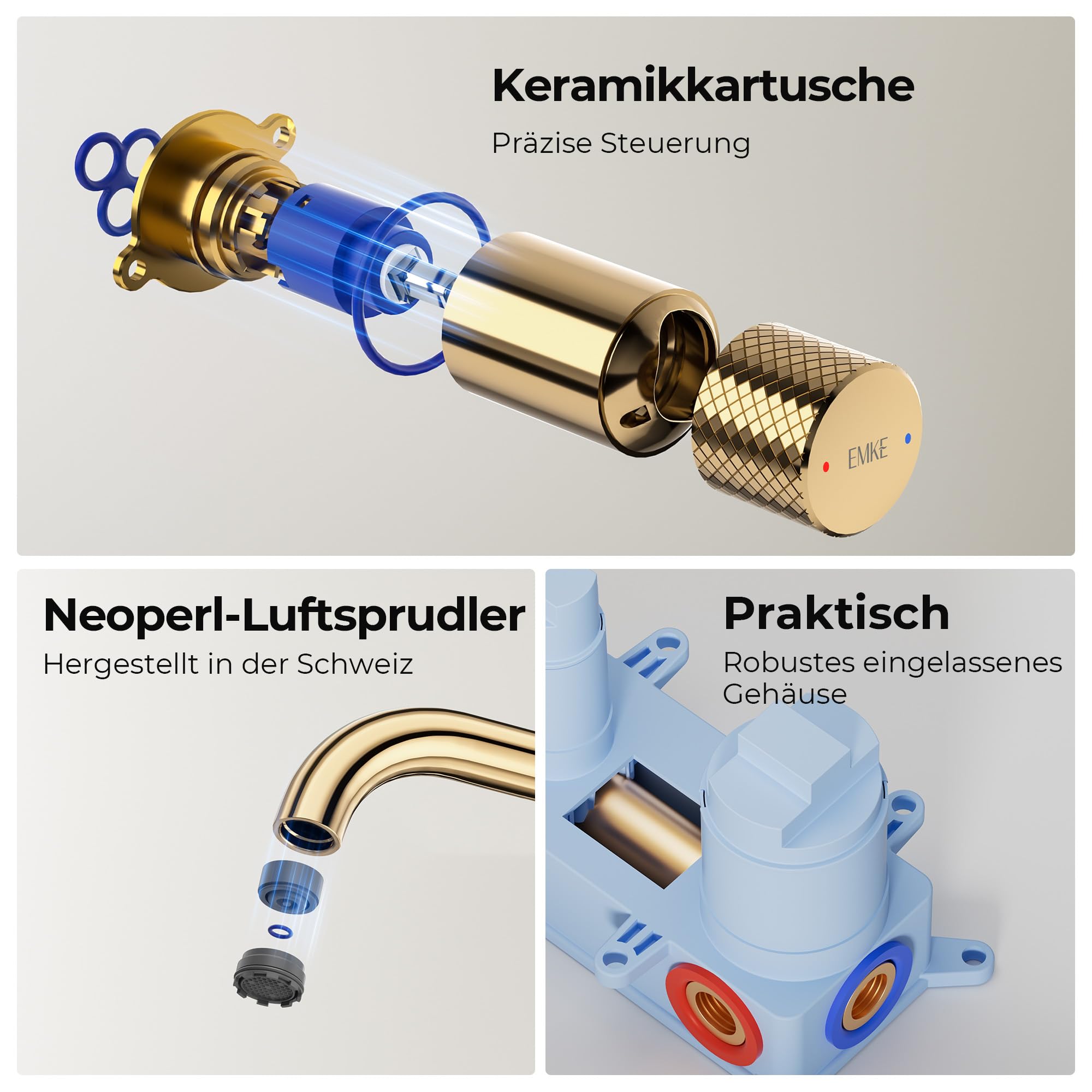 EMKE Waschtischarmatur Unterputz für Wandmontage, Wasserhahn Bad Unterputz, Mischbatterie Waschbecken wassersparend, Einhebelbatterie Armatur mit Auslauflänge 17 cm 4MS-Messing, Champagnergold
