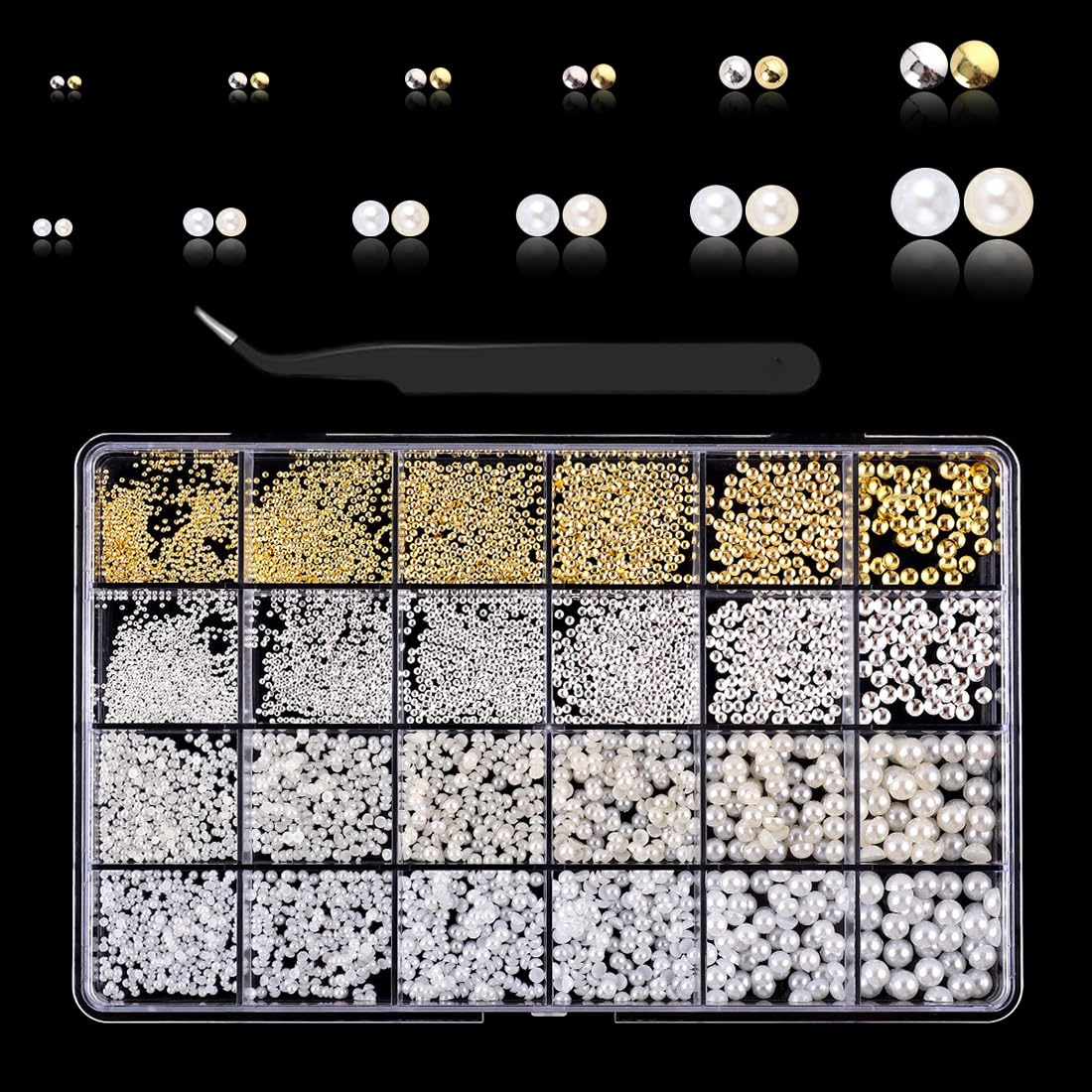 1 boîte Perles plates dorées et argentées pour ongles, Strass ongle, Perles à ongles demi-rondes blanches et beiges, Deco ongle nail art pour décoration d'ongles DIY