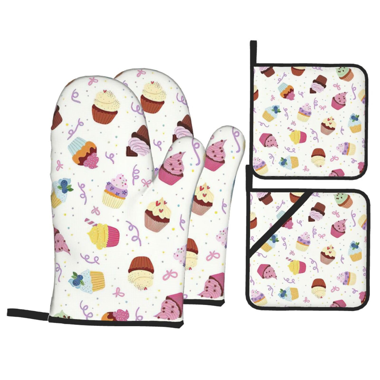 Delicious Cupcakes Print 4-Piece Oven Microwaving Set Waterproof Kitchen Gloves for Baking Grilling Cooking