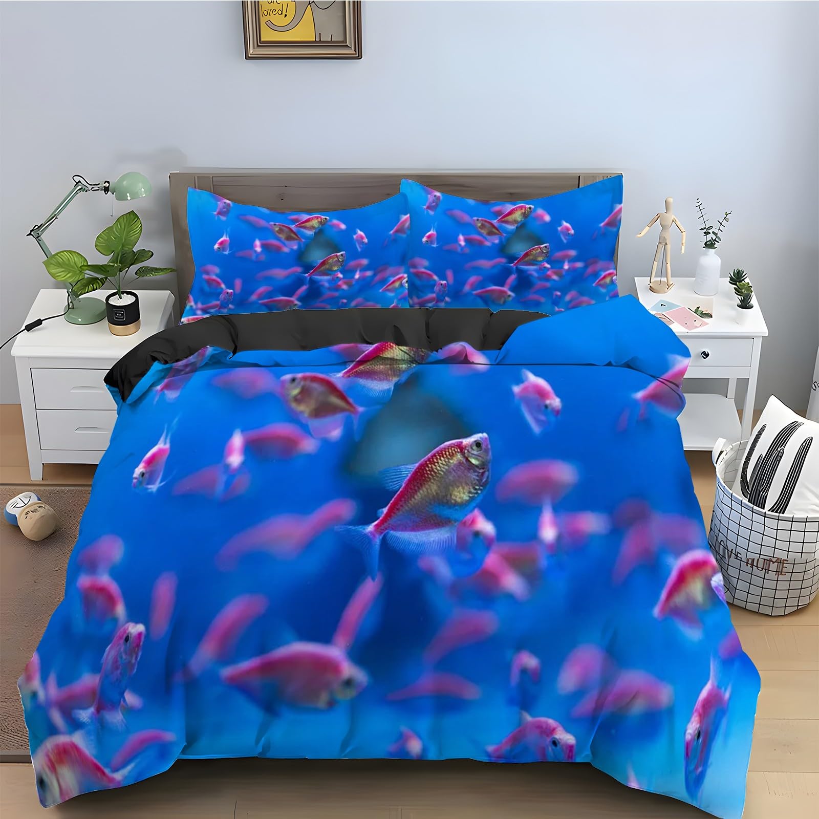 Housse de couette 240x260 poisson arc-en-ciel bleu avec 2 taies d'oreiller