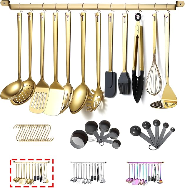 Gold Cooking Utensils Set,Kyraton Stainless Steel 37 Pieces Kitchen Utensils Set with Titanium Gold Plating,Kitchen Gadgets Cookware,Kitchen Tool Set with Utensil Holder. Dishwasher Safe