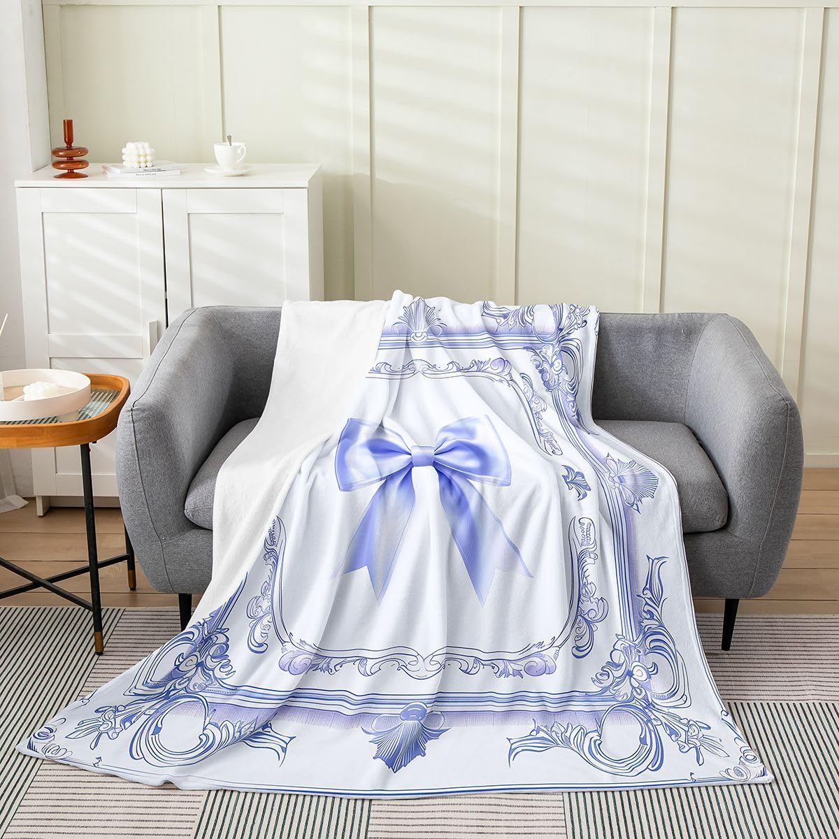 Pink Bowknot Flannel Blanket Damask Flower Fleece Throw Blanket for Room Decor,Luxury Ribbon Bow Purple Bedding Set for Bed Sofa Couch,Baby 30"x40"