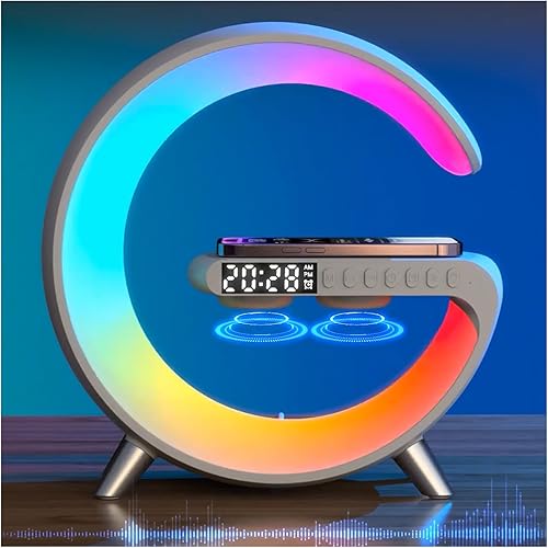 Nueva lámpara de mesa LED inteligente, lámpara de luz nocturna con cargador inalámbrico 4 en 1, control de aplicación, reloj despertador con altavoz