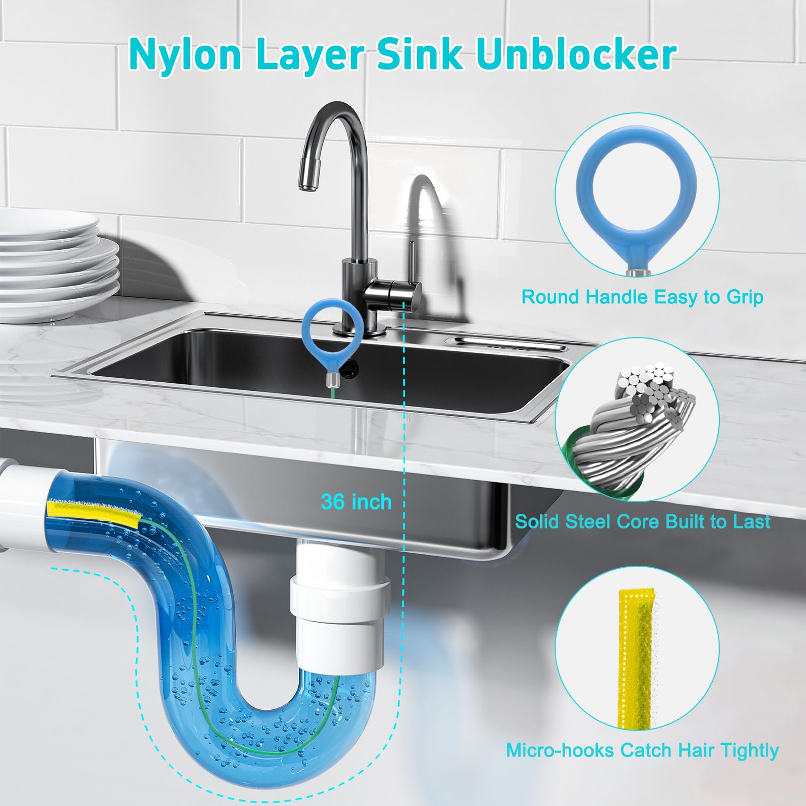 61'' Drain Clog Remover w/Claw, Plastic Drain Snake, Snake Drain Cleaner Tool w/Nylon Layer, Plumbing Snake Brush, Gloves, 15Pack Drain Hair Remover Tool Set for Toilet, Kitchen, Bathtub - 4