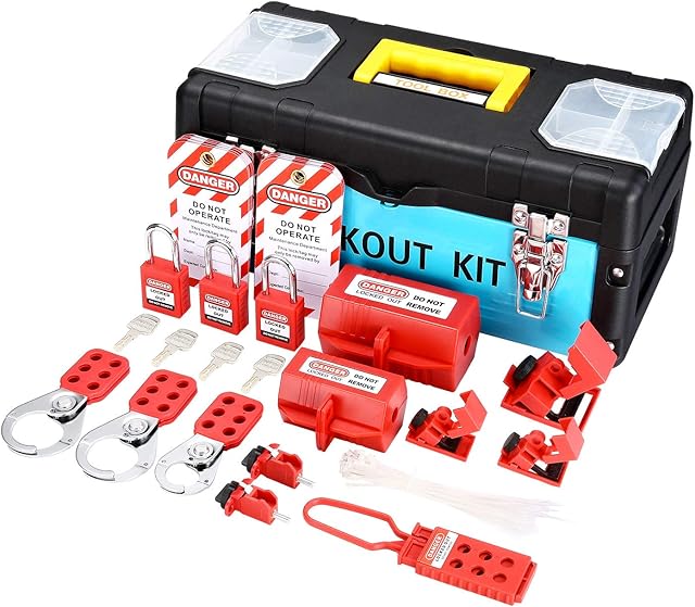 HOLULO Lockout Tagout Kit, Safety Lockout Padlock, 10 Lockout Tag, 4 Safety Padlock,4 Lockout Hasp,5 Breaker Lockout, 2 Plug Lockout,Tool Box, Plastic Buckle