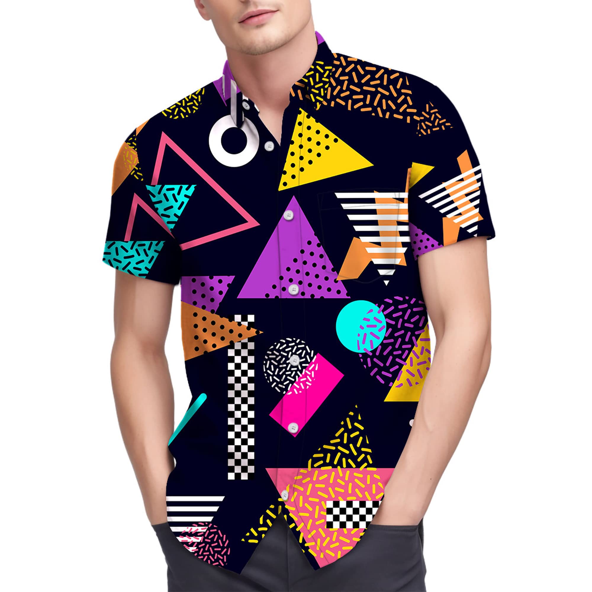 Mens Hawaiian Shirts Casual Button Down Short Sleeve Shirts, 80s 90s Clothes Vintage Funny Party Beach Clothing