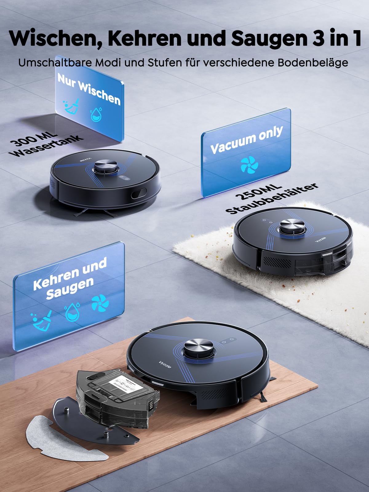Vyzzle Saugroboter mit Wischfunktion, 10000Pa Saugroboter mit Absaugstation 3,5L, Wisch und Saugroboter mit LiDAR Navigation, 180 Min Laufzeit, App Steuerung, Tierhaare, Hartböden & Teppiche, Schwarz