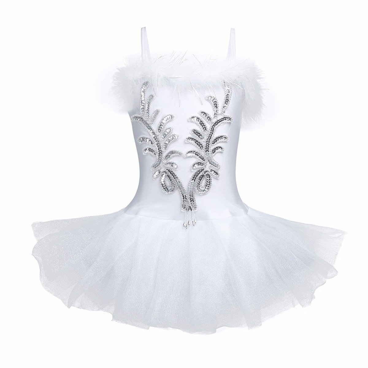 iiniimGirls Sequined Beads Ballet Tutu Dress Leotard Outfit White Swan Party Dance wear Costumes with Gloves Hair Clip