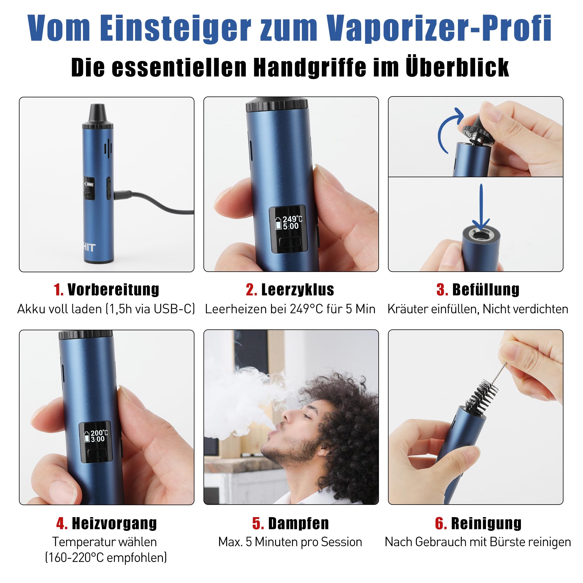 Yocan HIT Kräuter Verdampfer, Keramik-Heizkammer, 93–249°C, Herb Vaporizer | Tragbarer Kraut-Verdampfer, 1400 mAh Akku, Vibrationsfeedback, OLED-Display, Einfache Reinigung, Blau