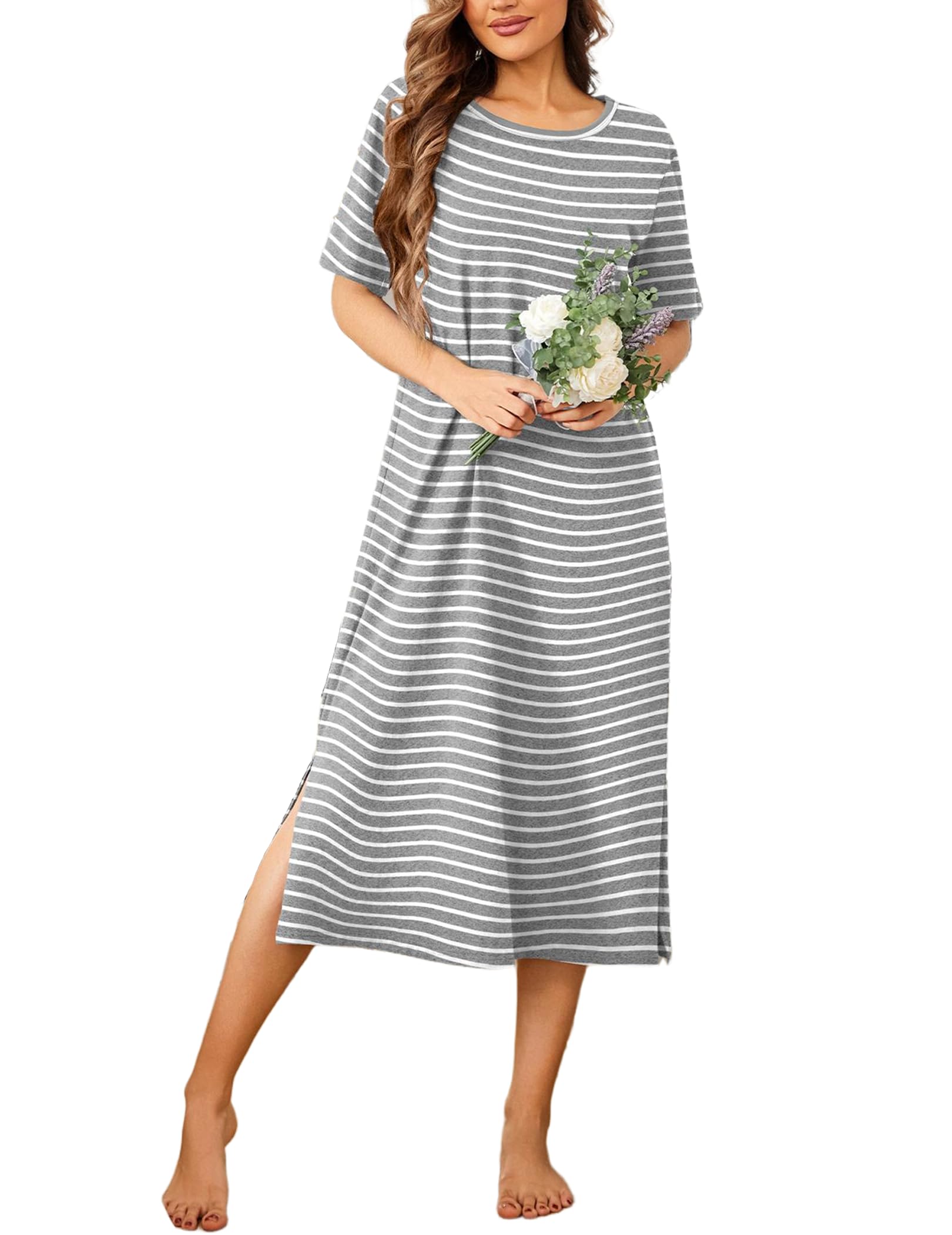 Ekouaer Cotton Nightgown for Women Long Sleepshirts Short Sleeve Full Length Nightshirt Casual Loungewear