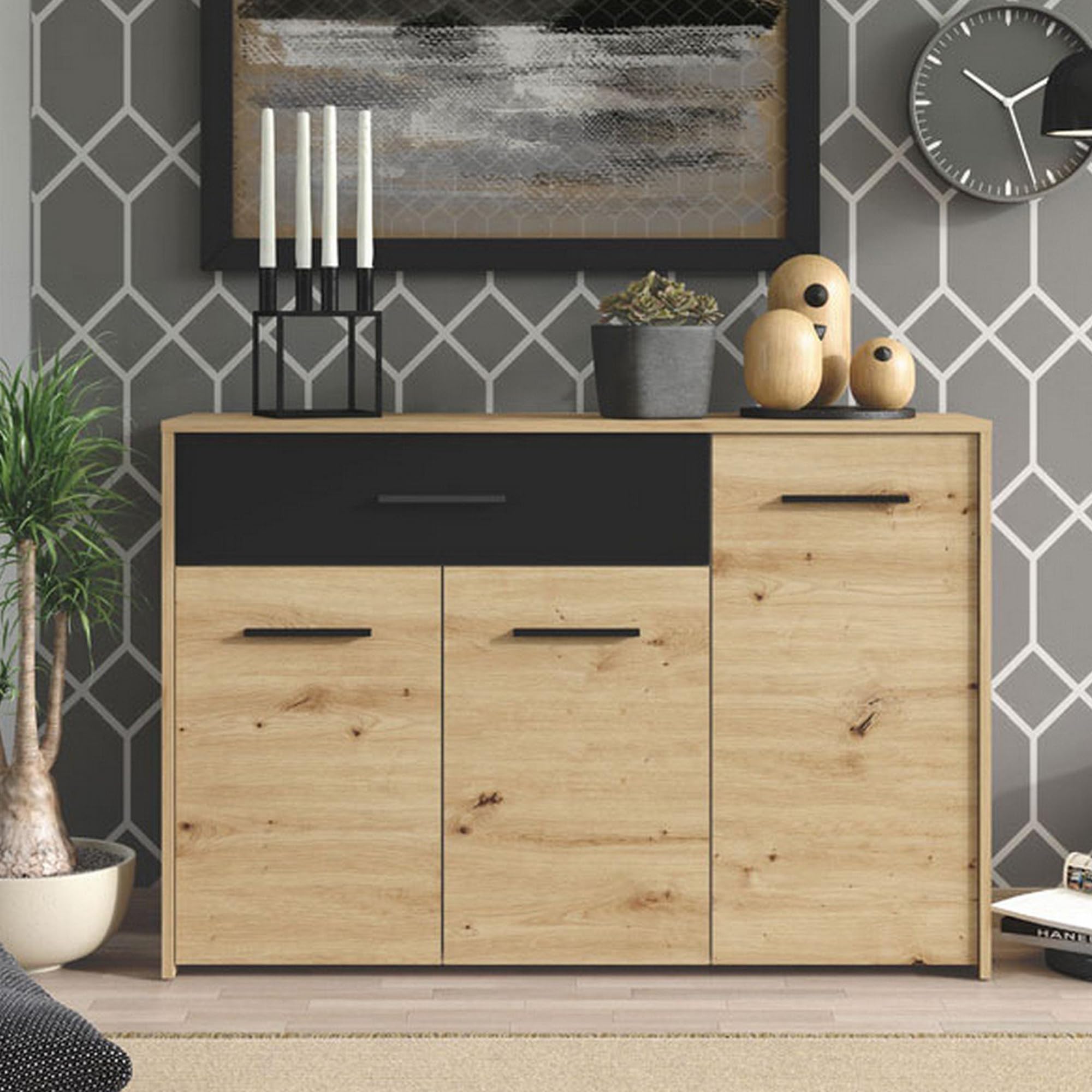 Dmora Credenza Funachi 119x33x81h cm Marrone Rovere Nodi 2 Ripiani un Cassetto, Madia 3 Ante