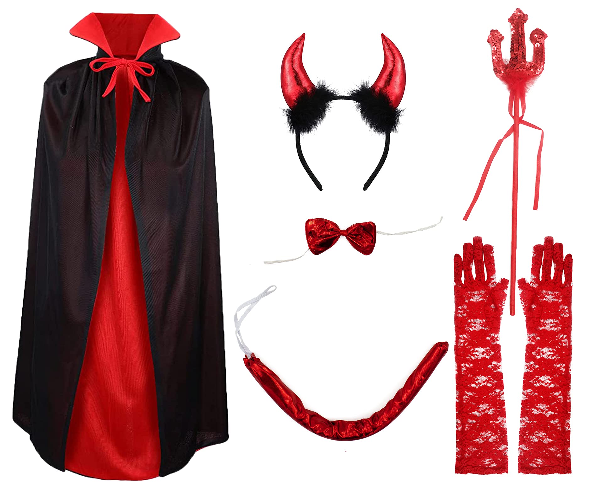 6 Pieces Shiny Red Diablo Costume Halloween Complete Accessories Devil Costume Hairband Bow Tie Tail Devil Gloves Vampire