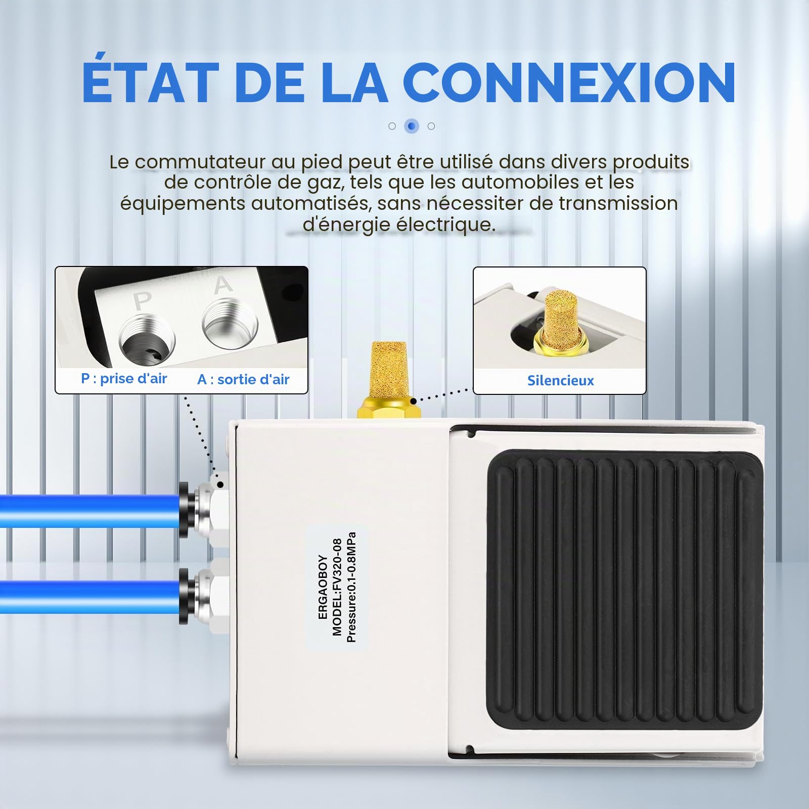 Kit de vanne à pédale pneumatique, 1/4" BSP 3 voies 2 positions filetée en caoutchouc antidérapante avec contrôle de pression FV320 et raccords 6 mm