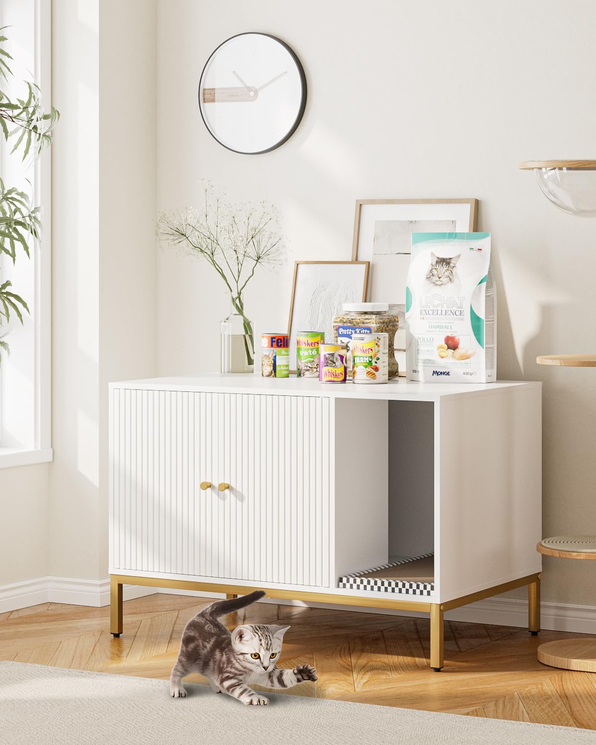 Cat Litter Box Enclosure, Modern Hidden Litter Box Furniture with Scratching Pad, Wooden Cat House Cabinet with Gold Metal Legs, Fit Most of Litter Box,White and Gold - image 5