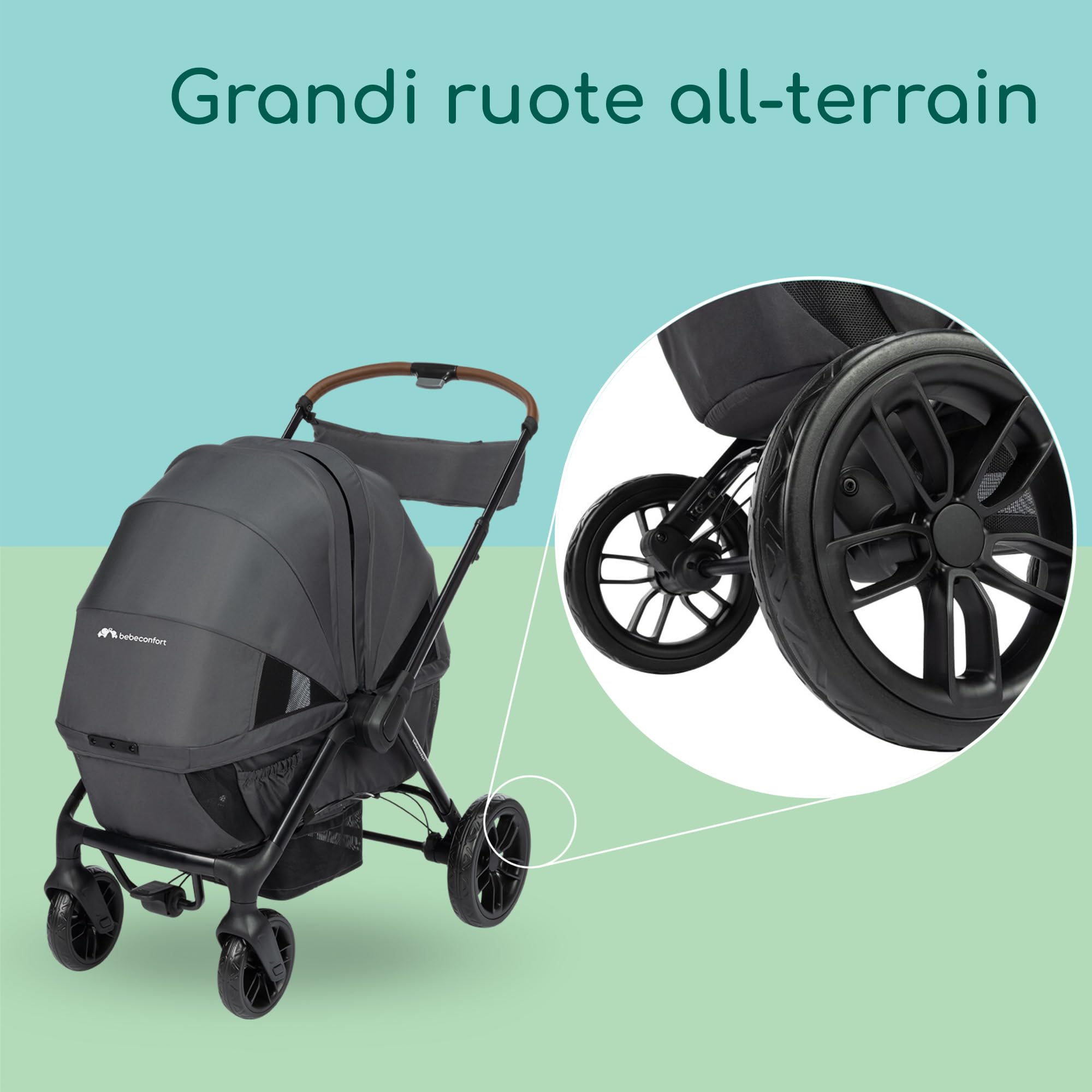Bebeconfort Helios, Passeggino Gemellare dalla Nascita, 0-4 Anni, 0-22 kg, 2 Sedute Faccia a Faccia, Ruote Larghe All-Terrain, Compatto da Chiuso, Carretto bambini, Capottina, Mineral Graphite