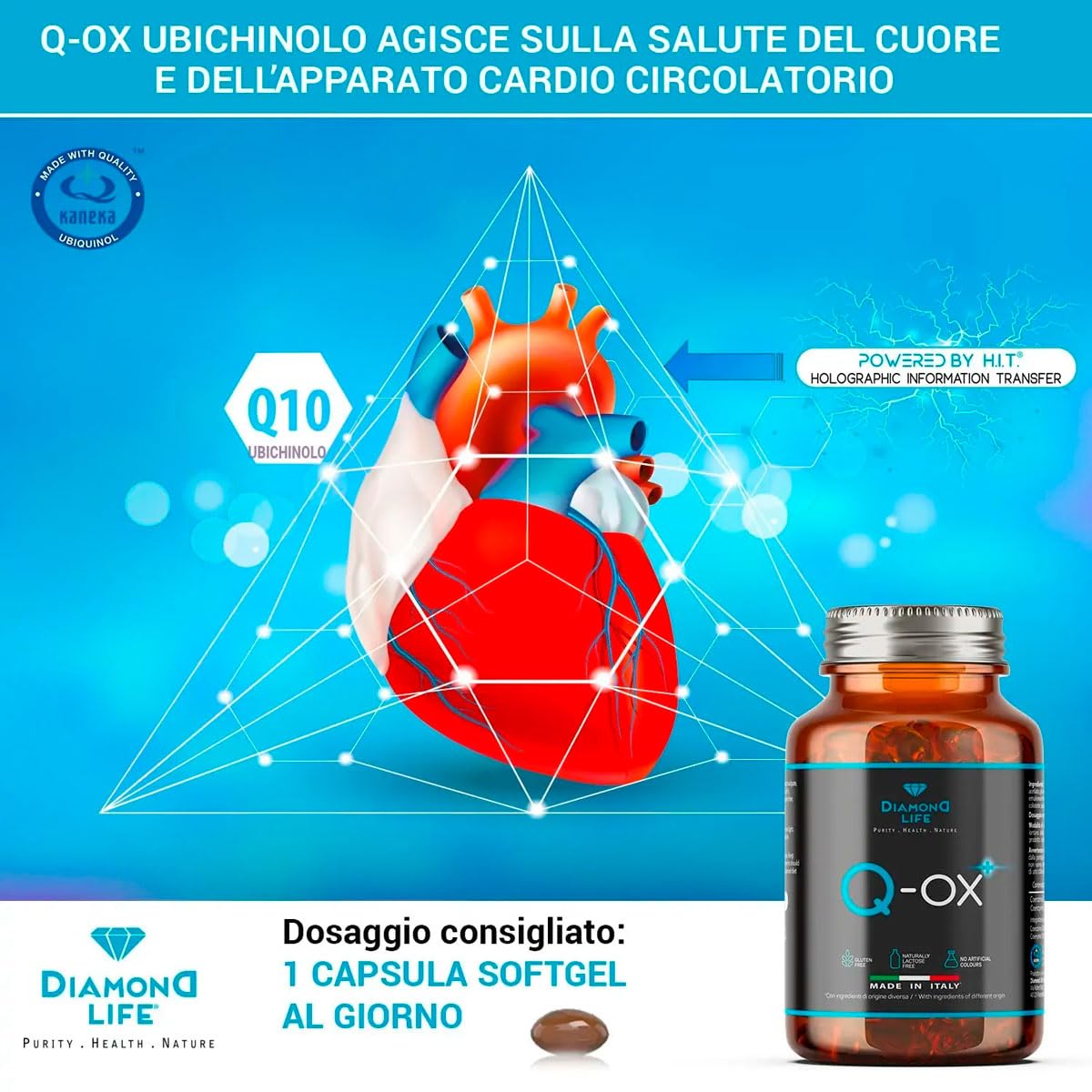 DIAMOND Q-OX - Q10 UBICHINOLO Bio-Potenziato | Nutraceutico a Base di Ubichinolo Kaneka QH® Puro Altamente Assimilabile | Fermentato Naturalmente | 30 Softgel Scure | Senza Glutine, No OGM