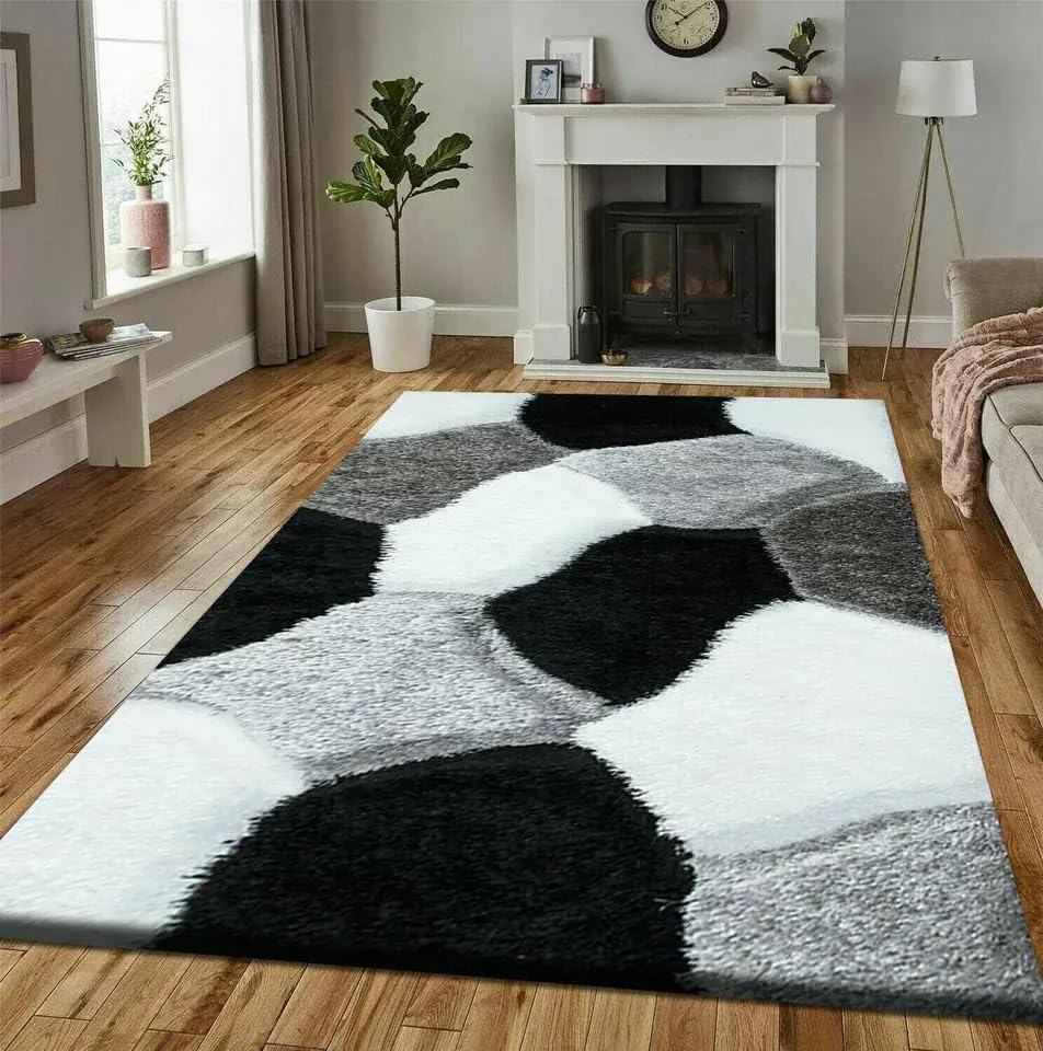 Online Bedding store Area Rugs – luxury Beautiful Pona Shaggy Modern Area Rugs - 3D Design carpet for hallway Non Slip Rug (Black-White, 200 x 290 cm)