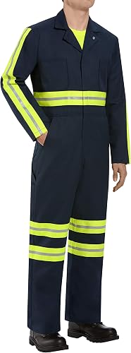 Red Kap Men's Enhanced Visibility Action Back Coverall, Navy with Yellow/Green V