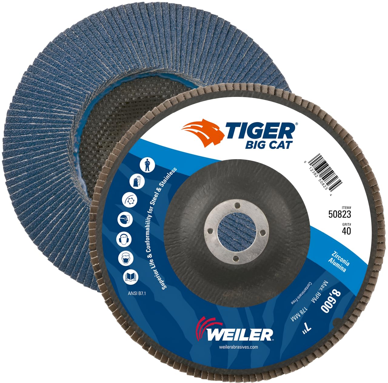 Weiler 50823 Big Cat High Density Abrasive Flap Disc, Type 27, Round Hole, Phenolic Backing, Zirconia Alumina, 7