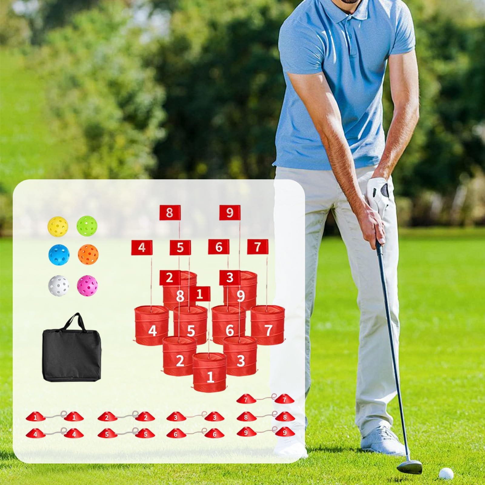 Set da golf da giardino per adulti, con secchio | Giocattolo da putt portatile per allenamento, con obiettivo a 9 fori, per famiglia, casa, adulti, bambini, garage