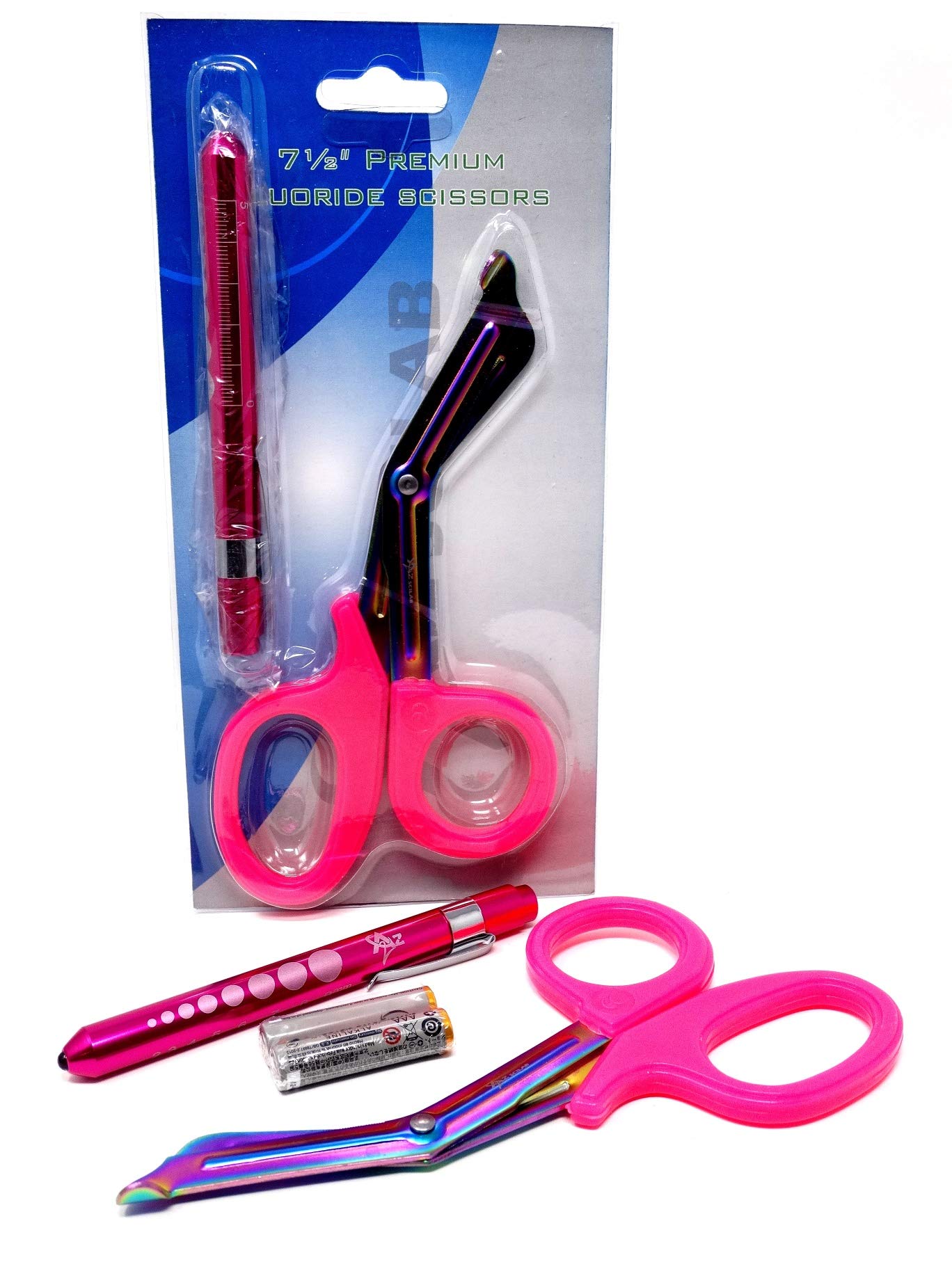 Pink Reusable LED Penlight with Batteries + Mutli Rainbow Color Blades Paramedic Utility Trauma EMT Bandage Shears Scissors 7.5