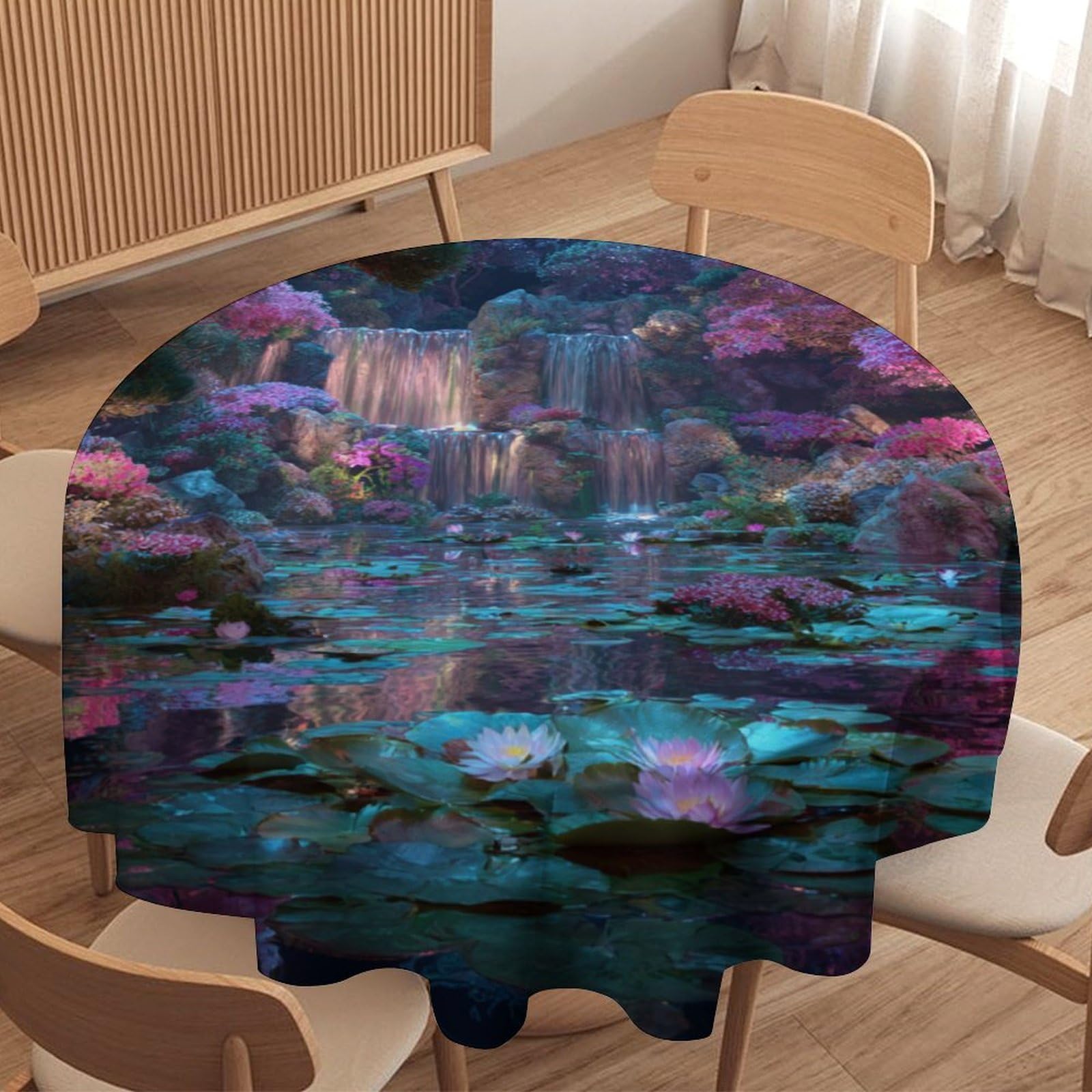 LUYYSKY Beautiful Fantasy Cherry Blossom Round Tablecloth Rustic Aesthetic Spring Waterfall Lotus Floral Pattern Washable Decor for Table Cover for Kitchen-91.4" Wx91.4 L cm