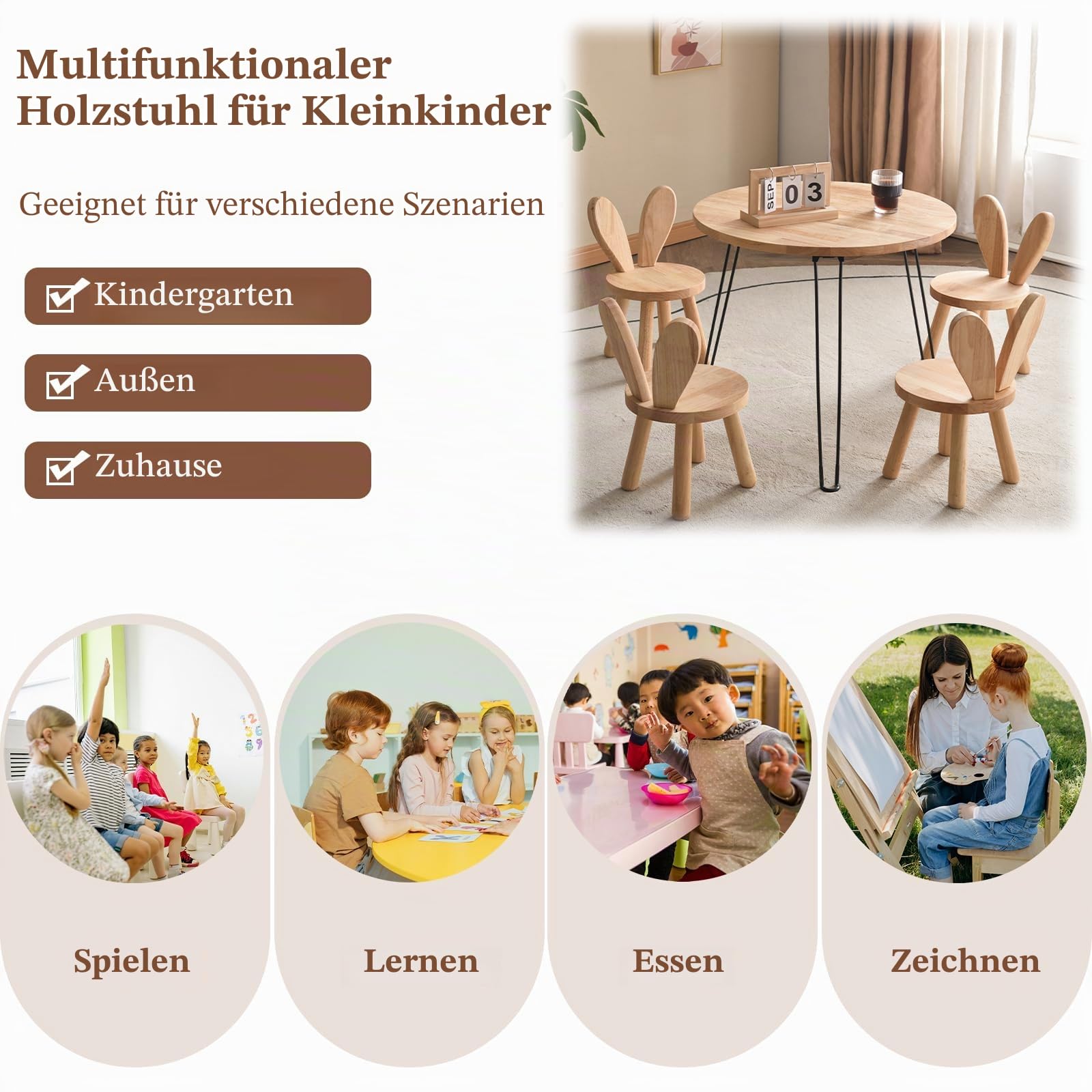Massivholz-Ständerhocker, individuelle Hasenohren-Form, Rückenlehne, kleiner Kinderstuhl, runde Holz-Kindermöbel zum Essen, Lesen und Spielen (Holzfarbe)