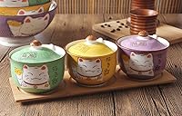 Vista 5 de Cerámica japonesa Maneki Neko Lucky Cat Azúcar Sal Pimienta Tarro de almacenamiento con tapa y cuchara