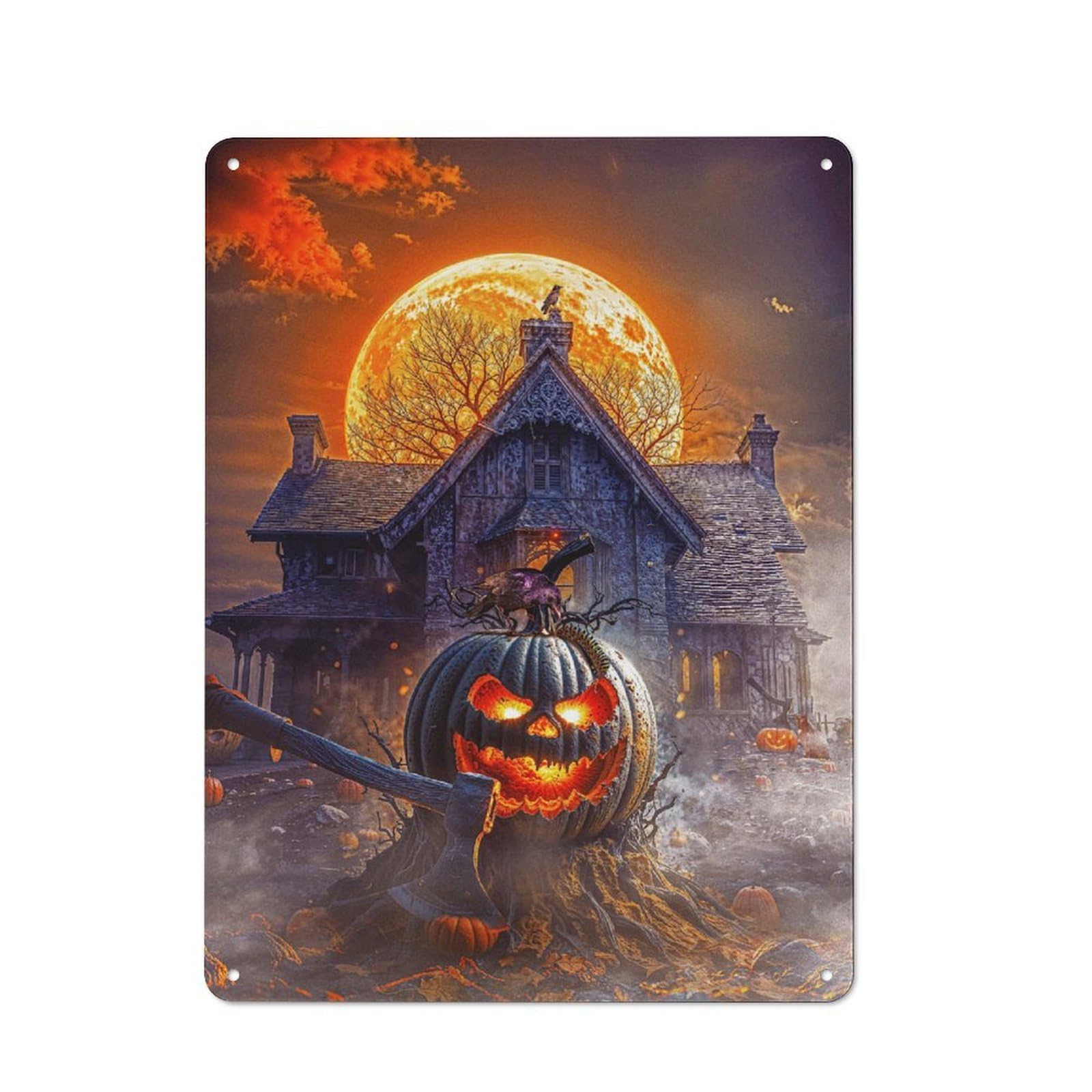 Junmoney Halloween Pumpkin & Haunted House Clean Industrial Decorative Metal Plaque 40X30cm, Loft Wall Plaque For Modern Home, Workshop, Office Or Cafe