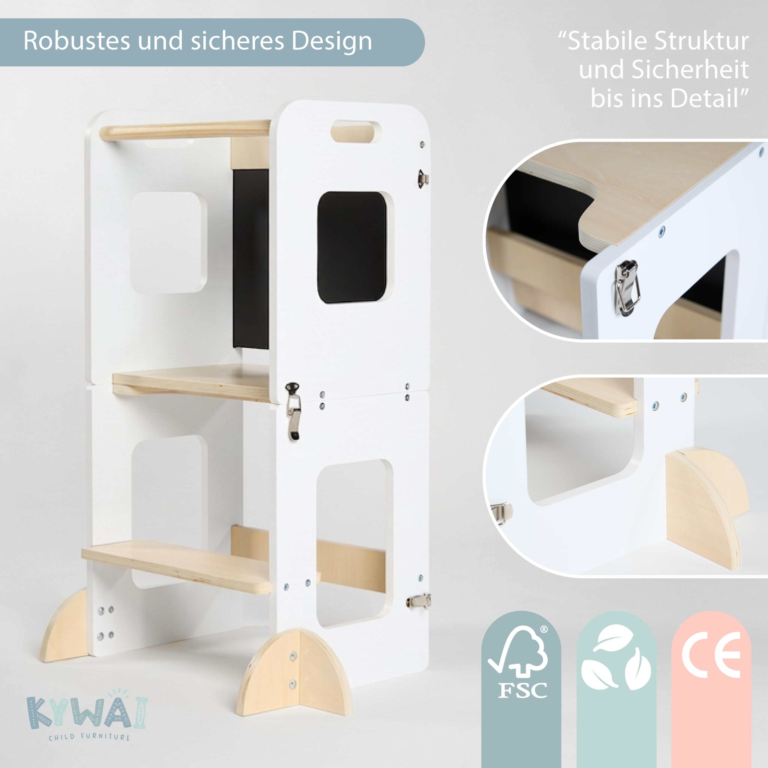 Lernturm ab 1 Jahr – Lernturm Klappbar 3 in 1 mit Tafel – Learning Tower für Kinder – Faltbar mit Sicherheitsfüßen – Aus Nachhaltigem Holz – Stabiler Montessori-Hocker für Zuhause