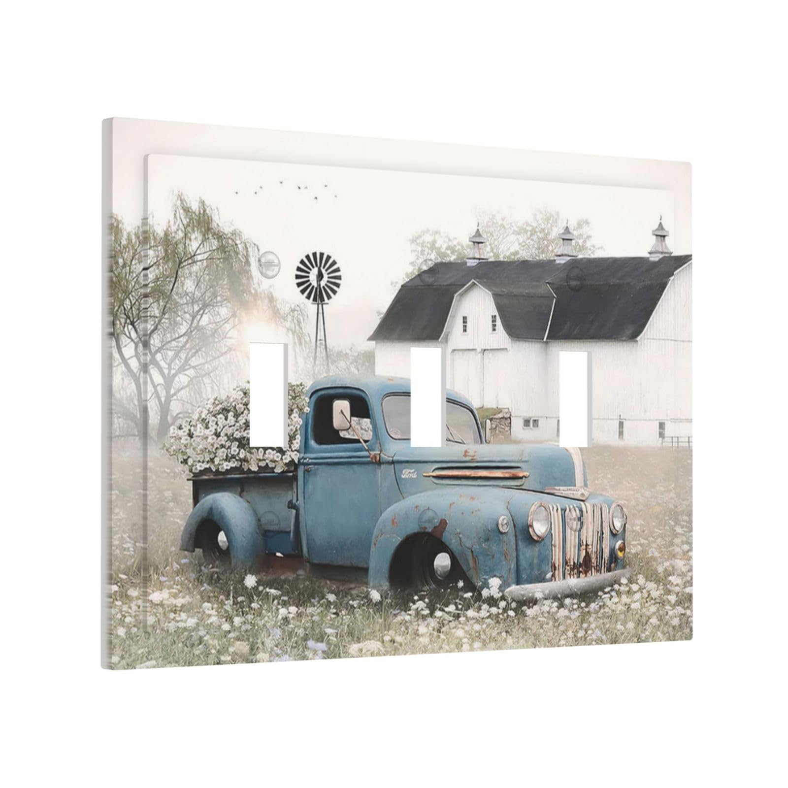 Farmhouse Truck Flowers Barn Old Car And Flowers 3 Gang Wall Plate Decorative Light Switch Plate Cover Triple Toggle Faceplate Electrical Switchplate for Bathroom Kitchen Bedroom Decor