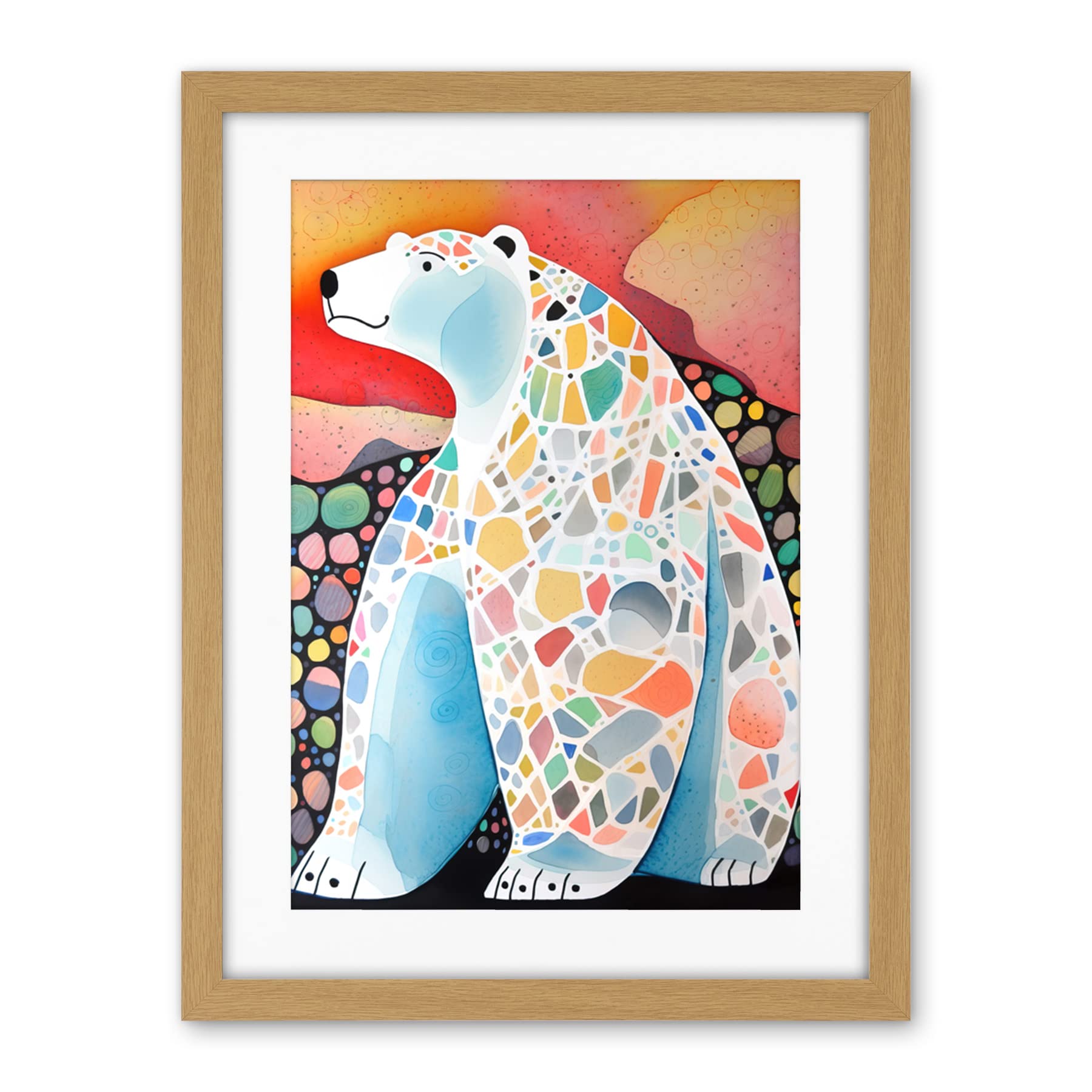 Artery8 Polar Bear With Mosaic Pattern Folk Art Artwork Framed Wall Art Print 18X24 Inch