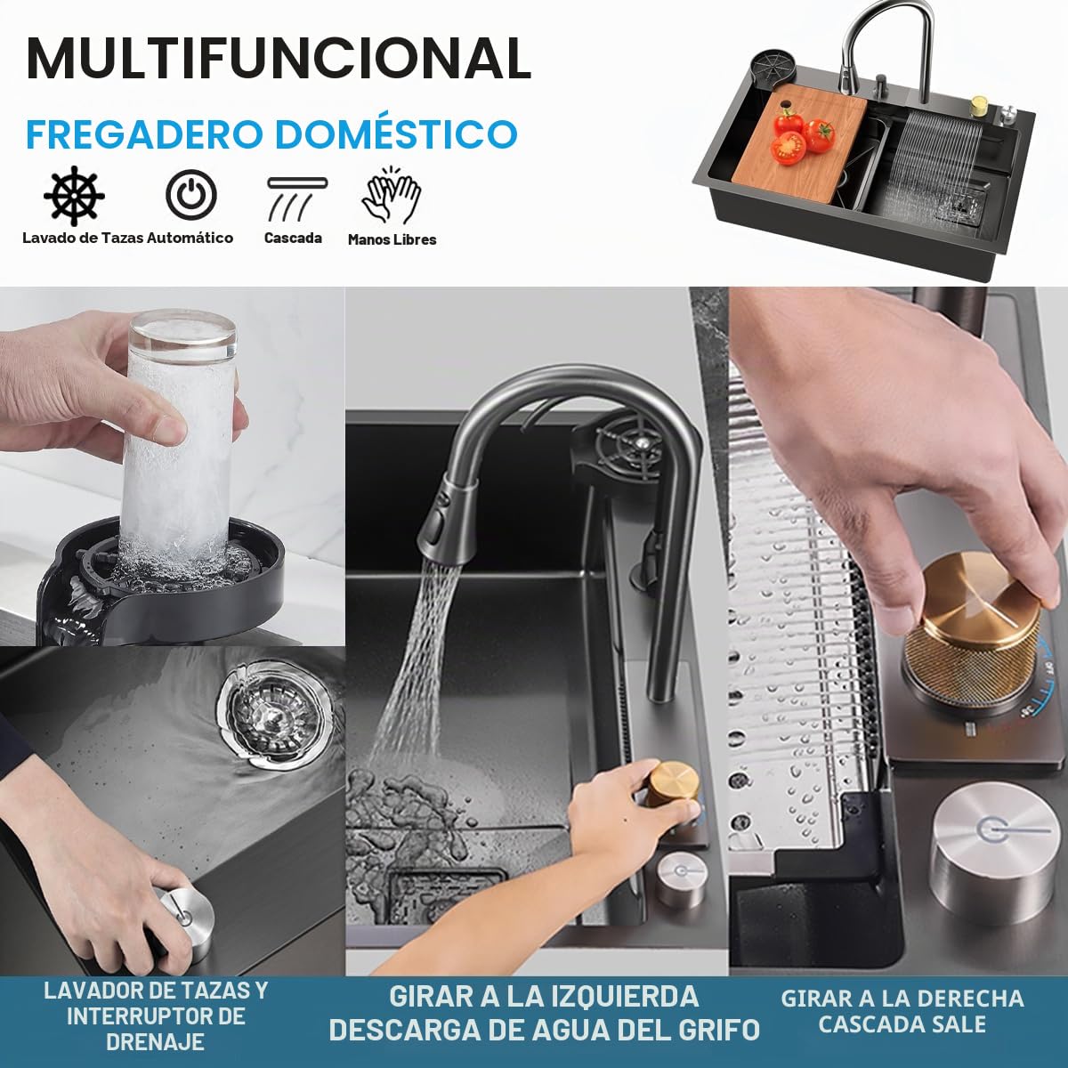 Fregadero de cocina,gris oscuro 304 fregadero de acero inoxidable, fregadero cocina 1 seno,fregadero multifuncional con grifo extraíble y otros accesorios (80x45cm)