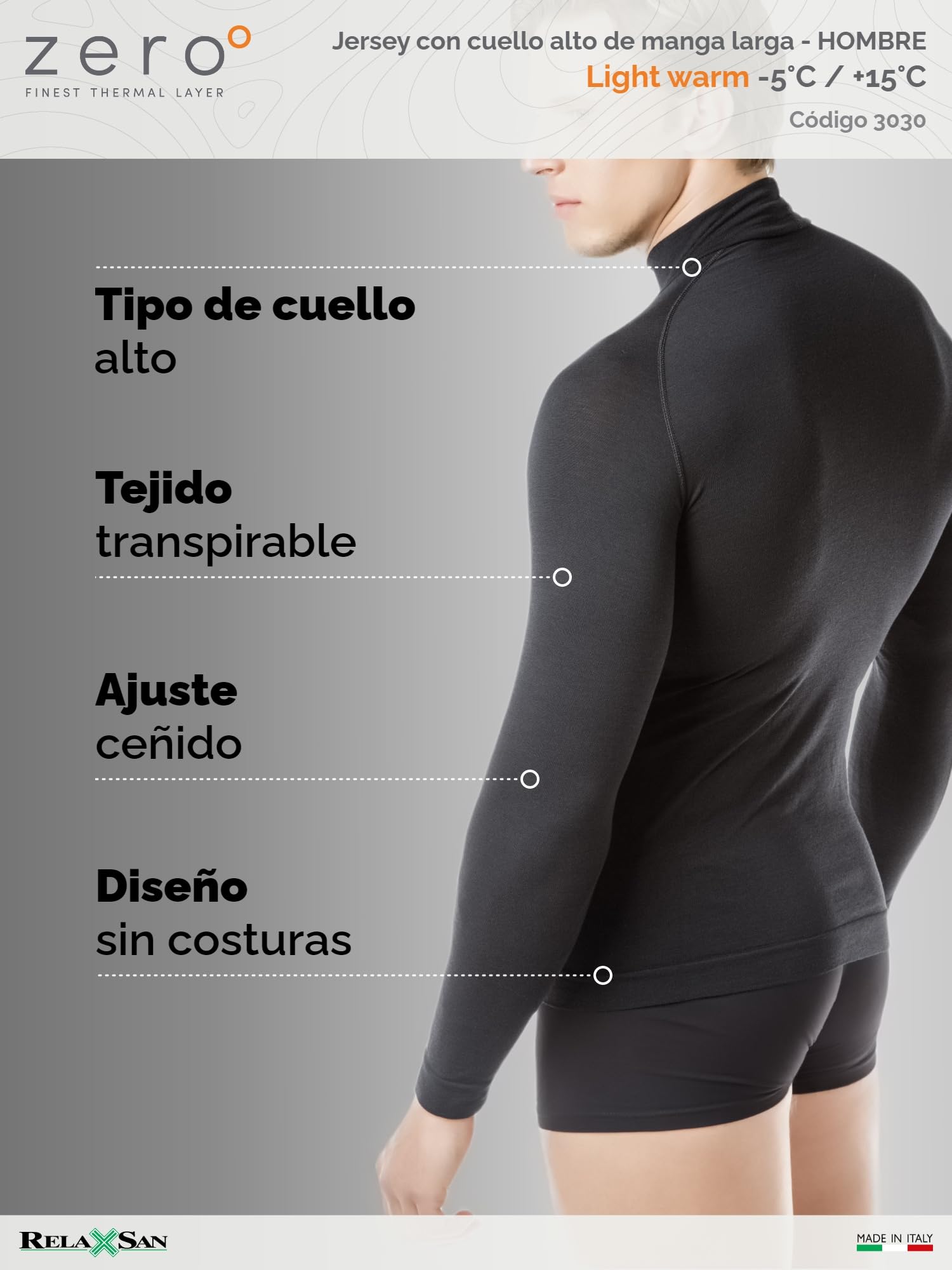 Relaxsan Zero 3030 - Camiseta Cuello Cisne Térmica Hombre Manga Larga Cuello Alto Cálida Suave Lana Merino
