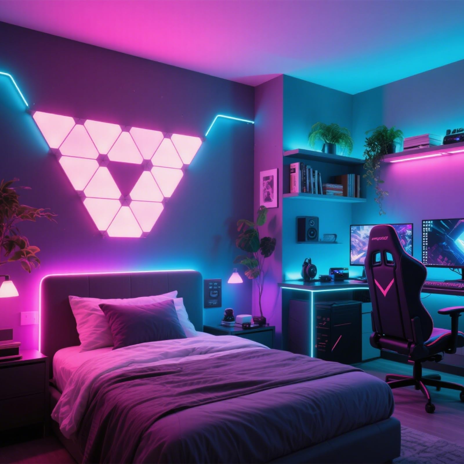 10 pannelli da gioco a LED, LED Smart Wandleuchte Wifi RGB con IC Musik Sync Wandbeleuchtung Triangoli, App Steuerung funktioniert mit Alexa Google Zimmer und Gaming Deko